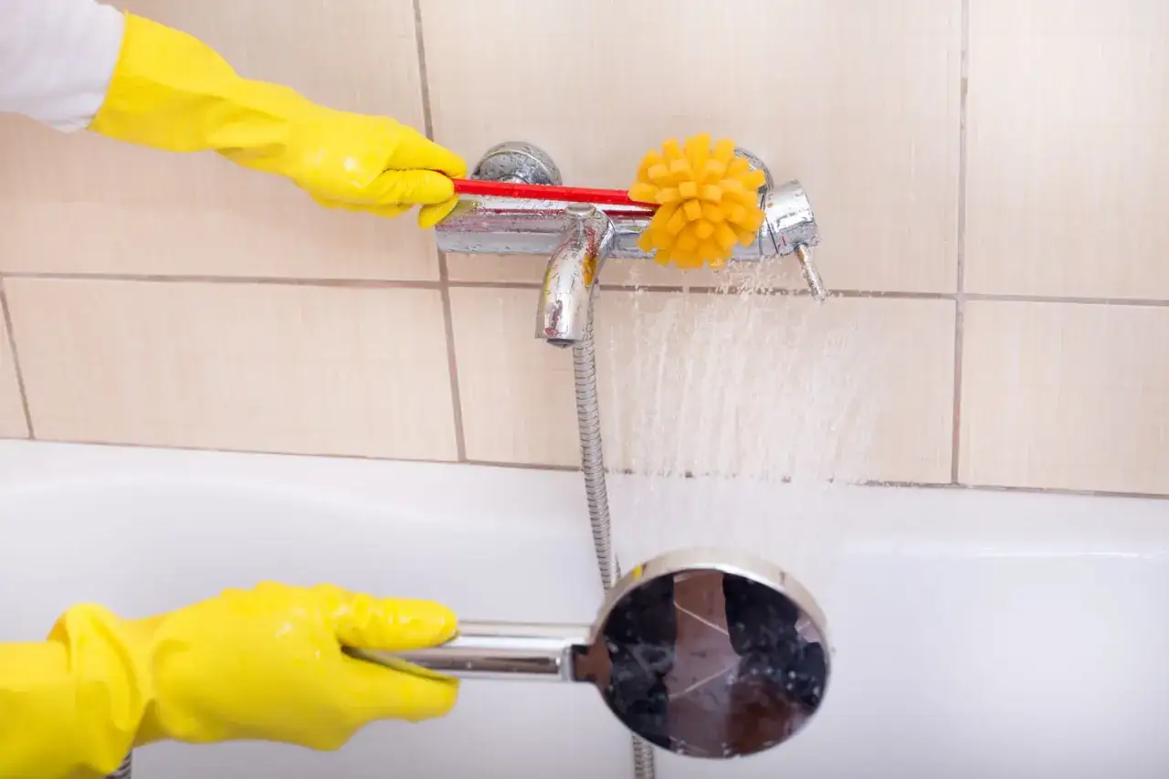 Nettoyage d'une baignoire dont l'&eacute;mail est poreux. Une main gant&eacute;e frotte le robinet avec une brosse jaune.