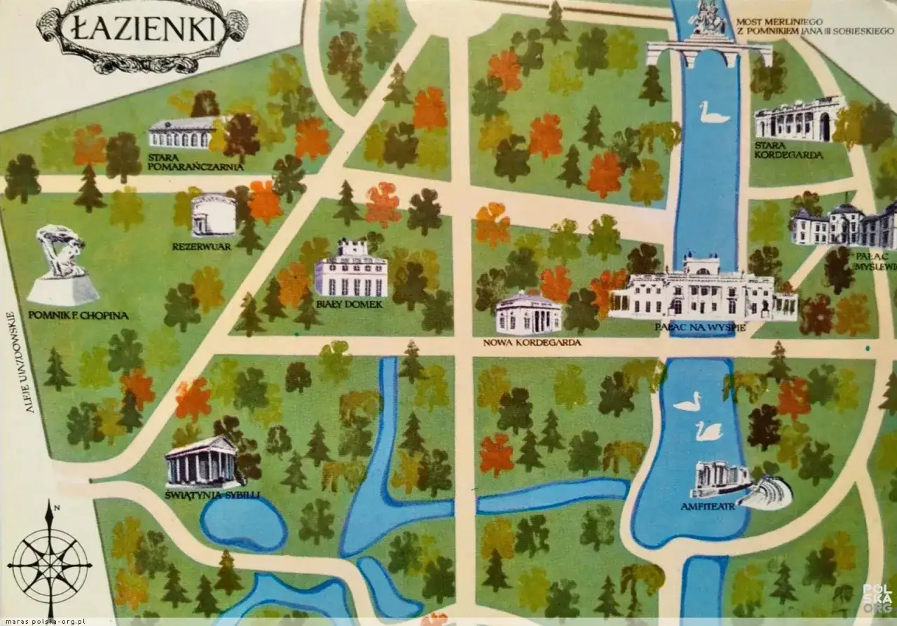 Mapa Łazienek Królewskich z Pałacem na Wyspie, Białym Domkiem i Amfiteatrem. Czy łazienki królewskie są płatne? Sprawdź na mapie!