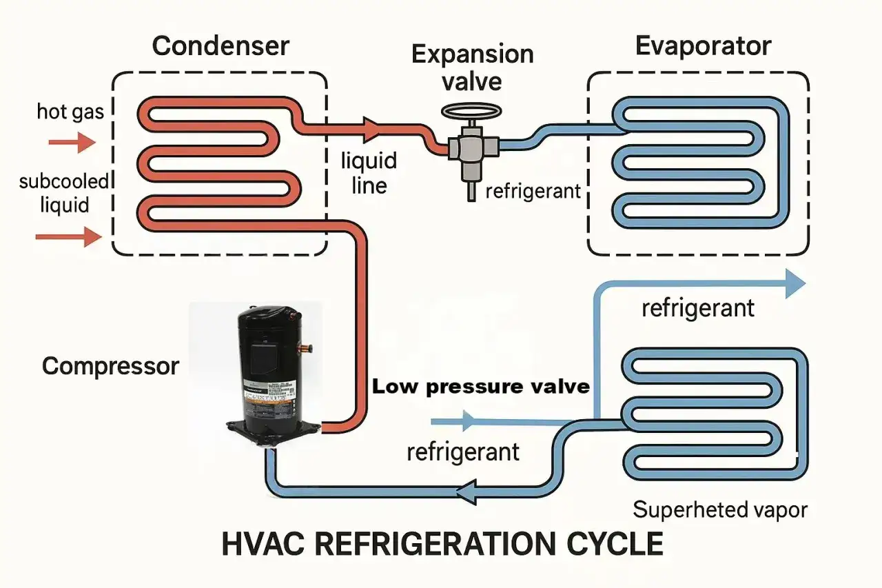 Diagrama del ciclo de refrigeración HVAC. Muestra el compresor, condensador, válvula de expansión y evaporador. Averiguar cuanto pesa un compresor de aire acondicionado es clave.