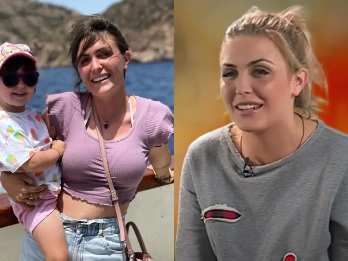 Magdalena Pyznar z córką na łodzi i Magdalena Pyznar w szarej bluzie.