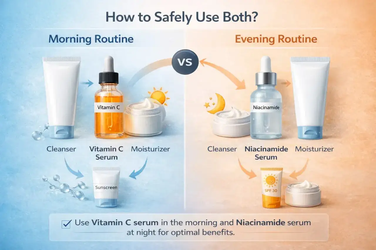 Routine mattutina con Vitamina C e solare, serale con niacinamide. La niacinamide non è fotosensibilizzante, a differenza della Vitamina C.