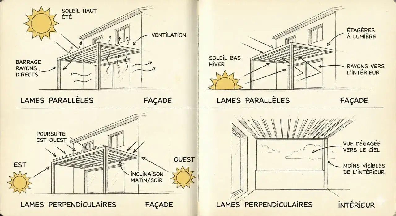Sch&eacute;ma illustrant l'orientation des lames d'une pergola bioclimatique pour optimiser l'ensoleillement et la ventilation.