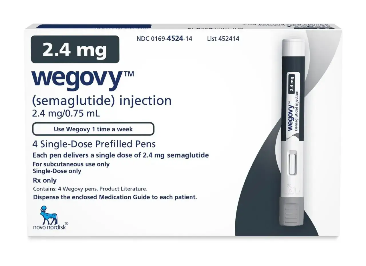 Opakowanie Wegovy 2.4 mg z 4 wstrzykiwaczami. Przed użyciem zapoznaj się z ulotką, by poznać potencjalne wegovy skutki uboczne.