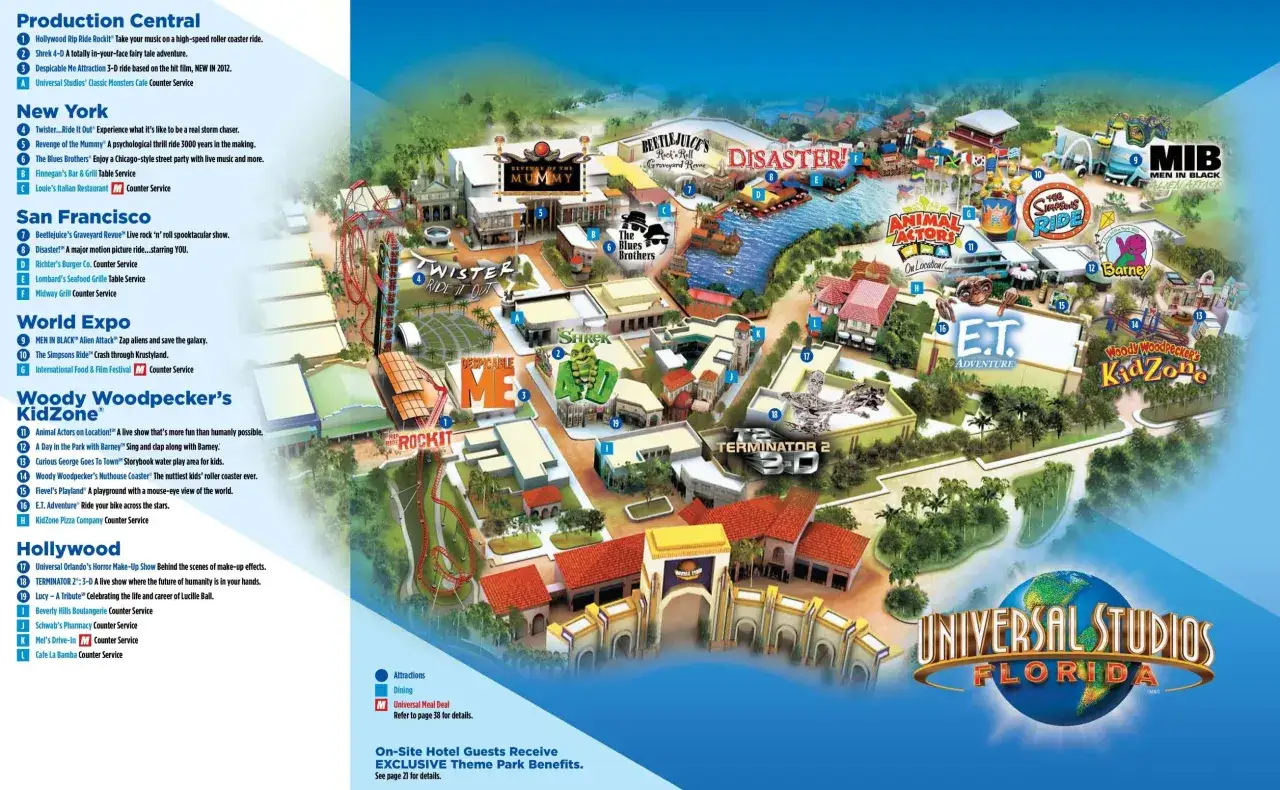 Mapa Universal Studios Florida, z atrakcjami jak Hollywood Rip Ride Rockit i E.T. Adventure. Idealna na wakacje we **Floryda Disneyland**.