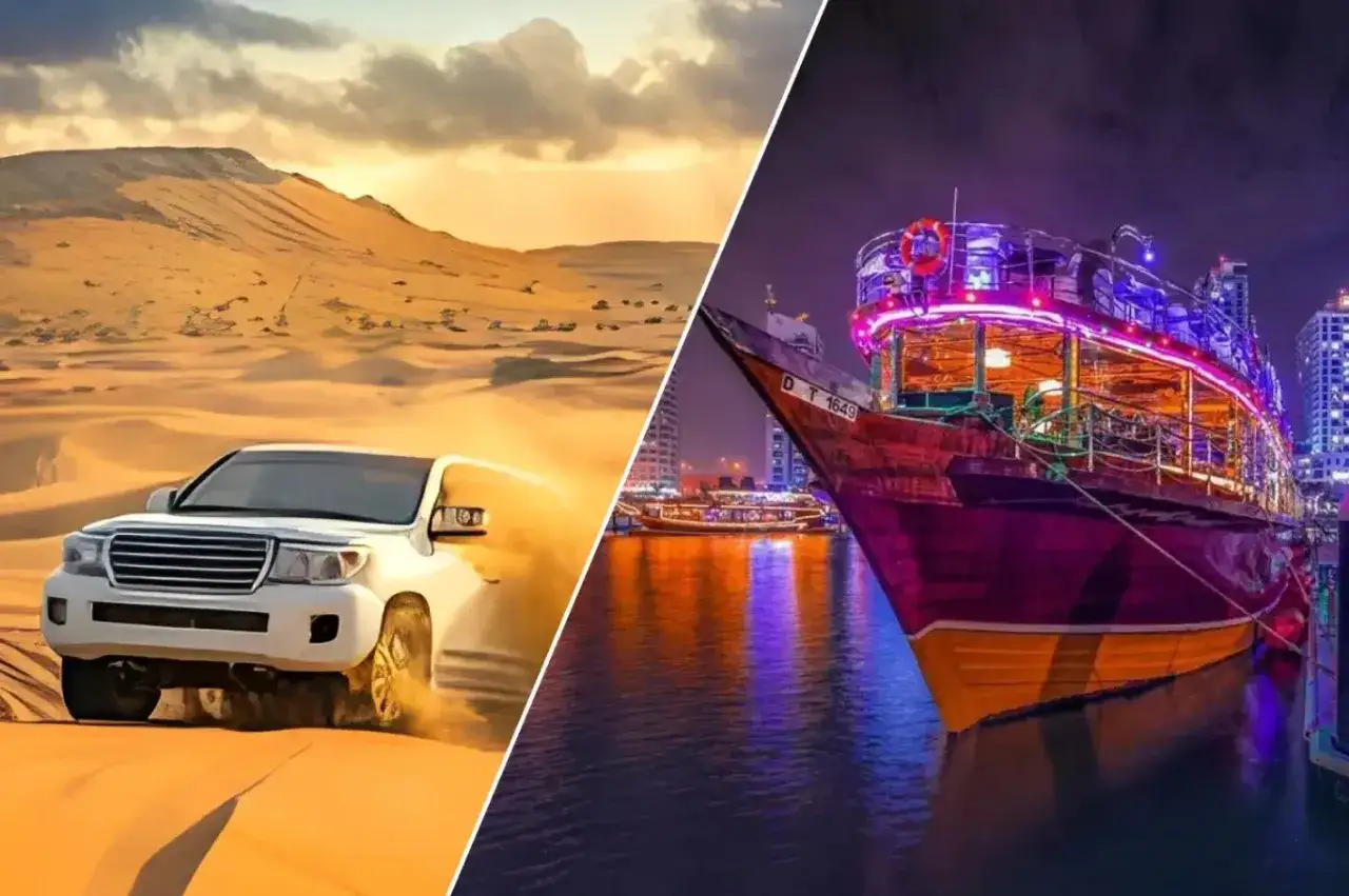 Upplev sp&auml;nnande aktiviteter i Dubai: &ouml;kensafari med fyrhjulsdrift och en glittrande kv&auml;llskryssning.
