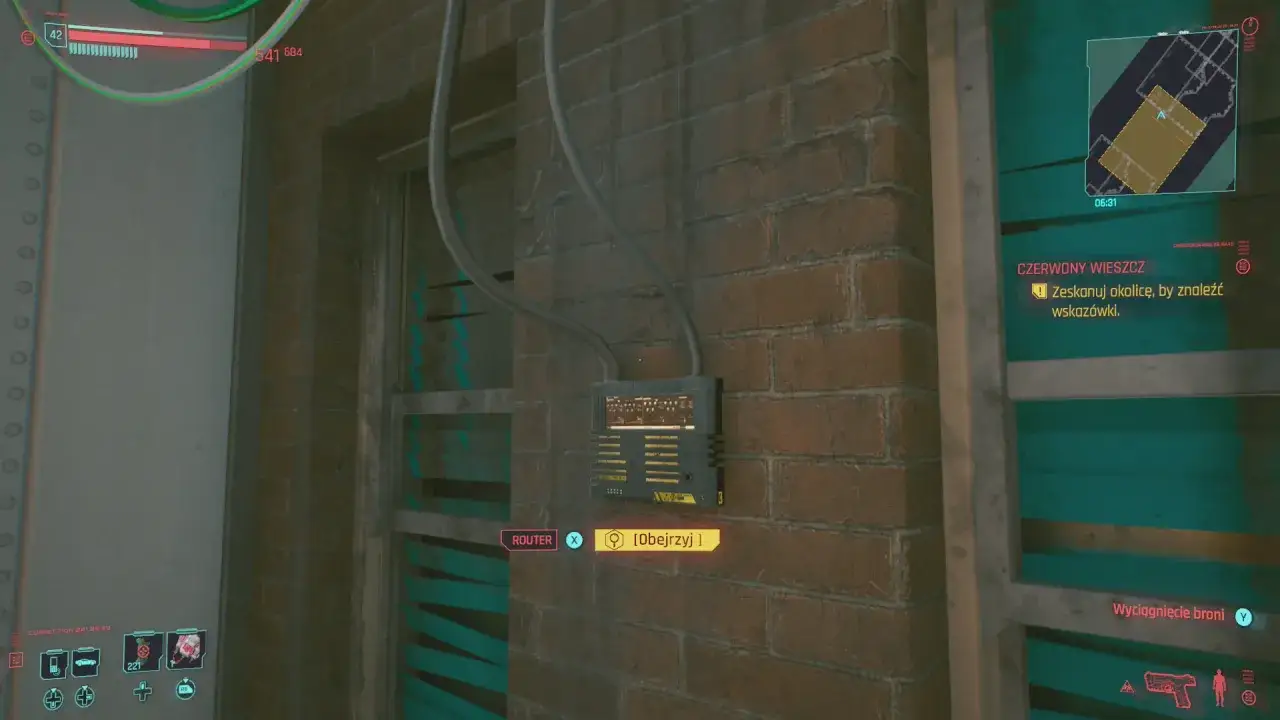 Czerwony wieszcz cyberpunk, router na ceglanej ścianie. Zeskanuj okolicę, by znaleźć wskazówki.