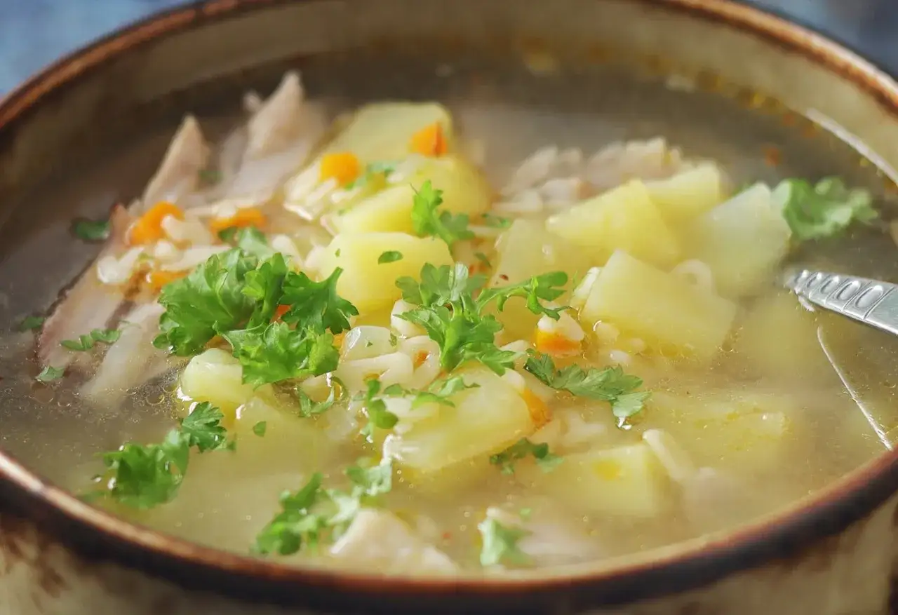 Aromatyczna zupa na rosole z kawałkami kurczaka, ziemniaków, marchewki i makaronu, udekorowana natką pietruszki.