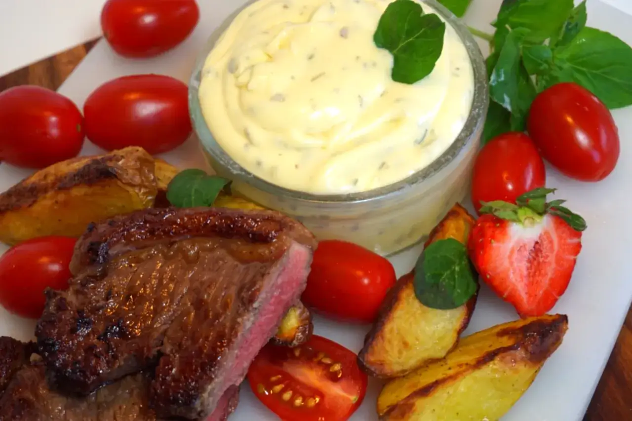 En saftig biff med klyftpotatis, tomater och en skål med kall bearnaisesås. En jordgubbe som dekoration.