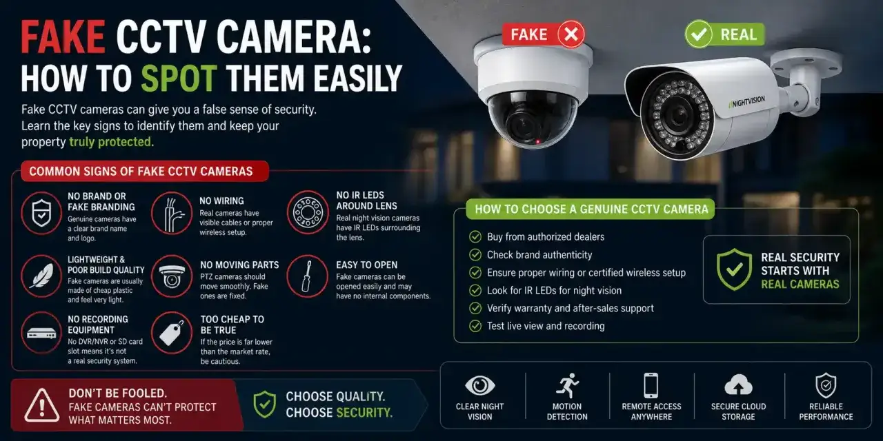Comment reconnaitre une cam&eacute;ra factice ? L'image montre des cam&eacute;ras de surveillance, une fausse et une vraie, avec des indices pour les distinguer.