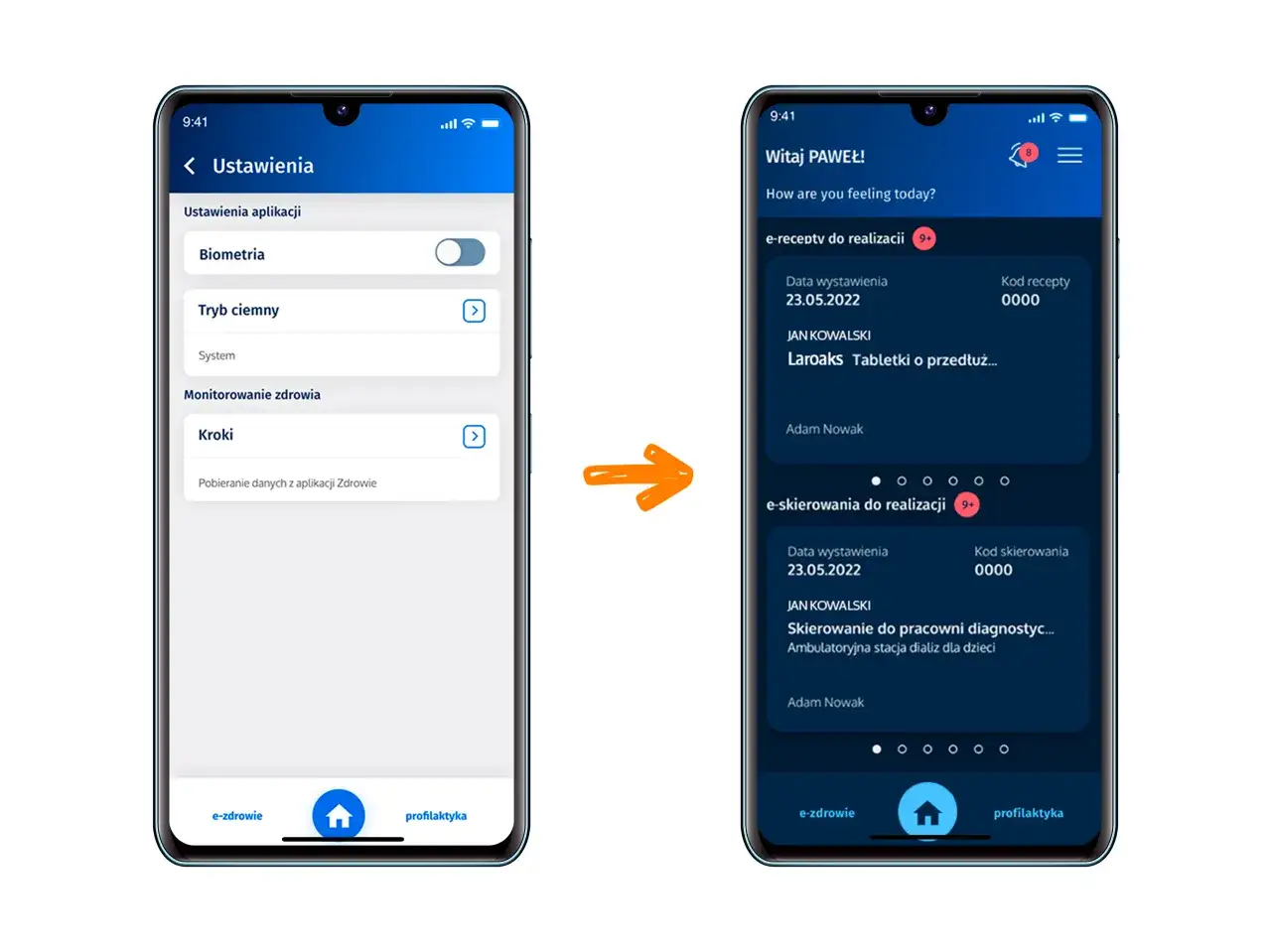 Ekran aplikacji IKP pokazuje ustawienia i listę e-recept. Czy prywatne wizyty u lekarza są widoczne w IKP?