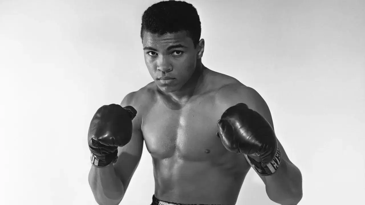 Iconic Muhammad Ali, the greatest, poses with boxing gloves, ready to float like a butterfly and sting like a bee.