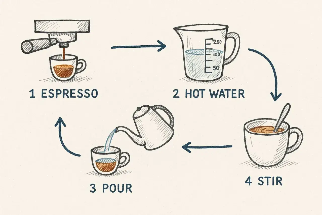 So einfach ist es, was ist ein americano: Espresso, heißes Wasser, aufgießen, umrühren.