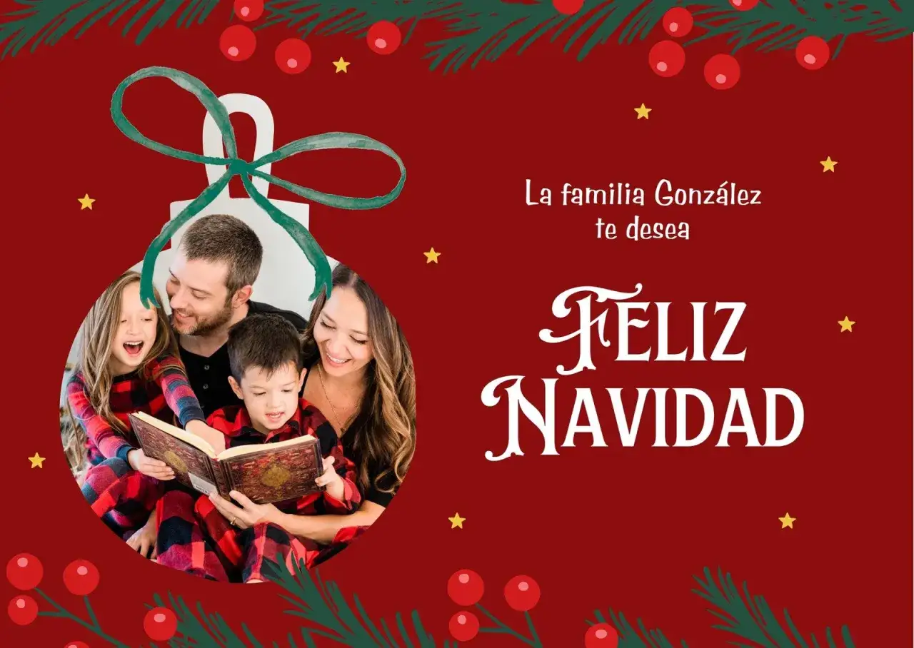 Familia Gonz&aacute;lez te desea Feliz Navidad. Una postal navide&ntilde;a f&aacute;cil con una familia leyendo un libro.