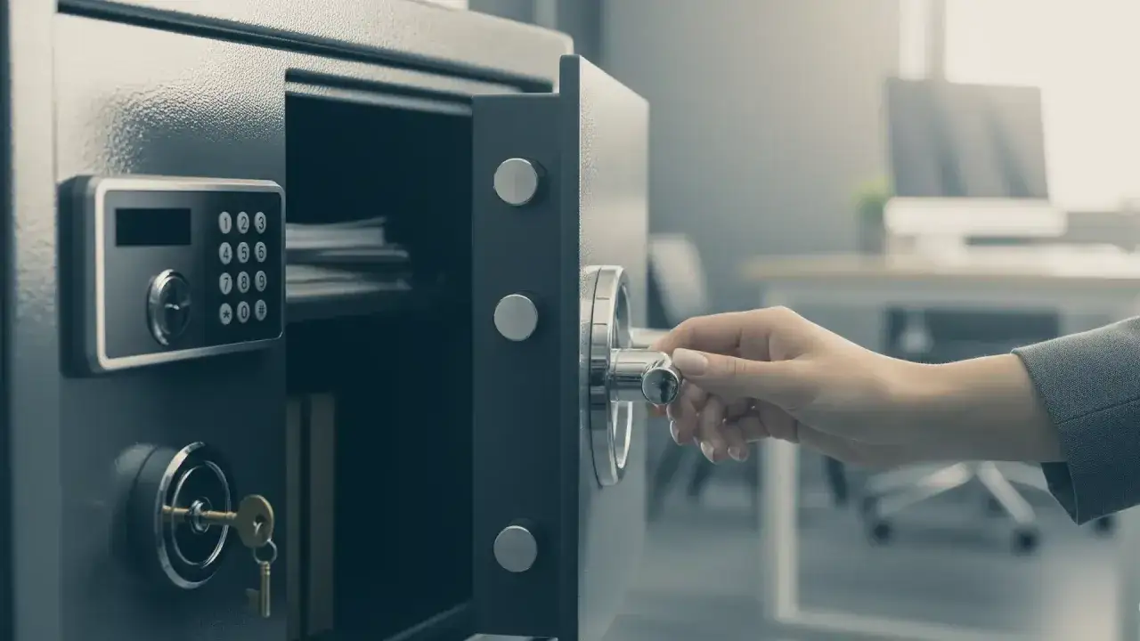 Dłoń zamyka sejf, w którym znajduje się depozyt notarialny. Klucz tkwi w zamku.