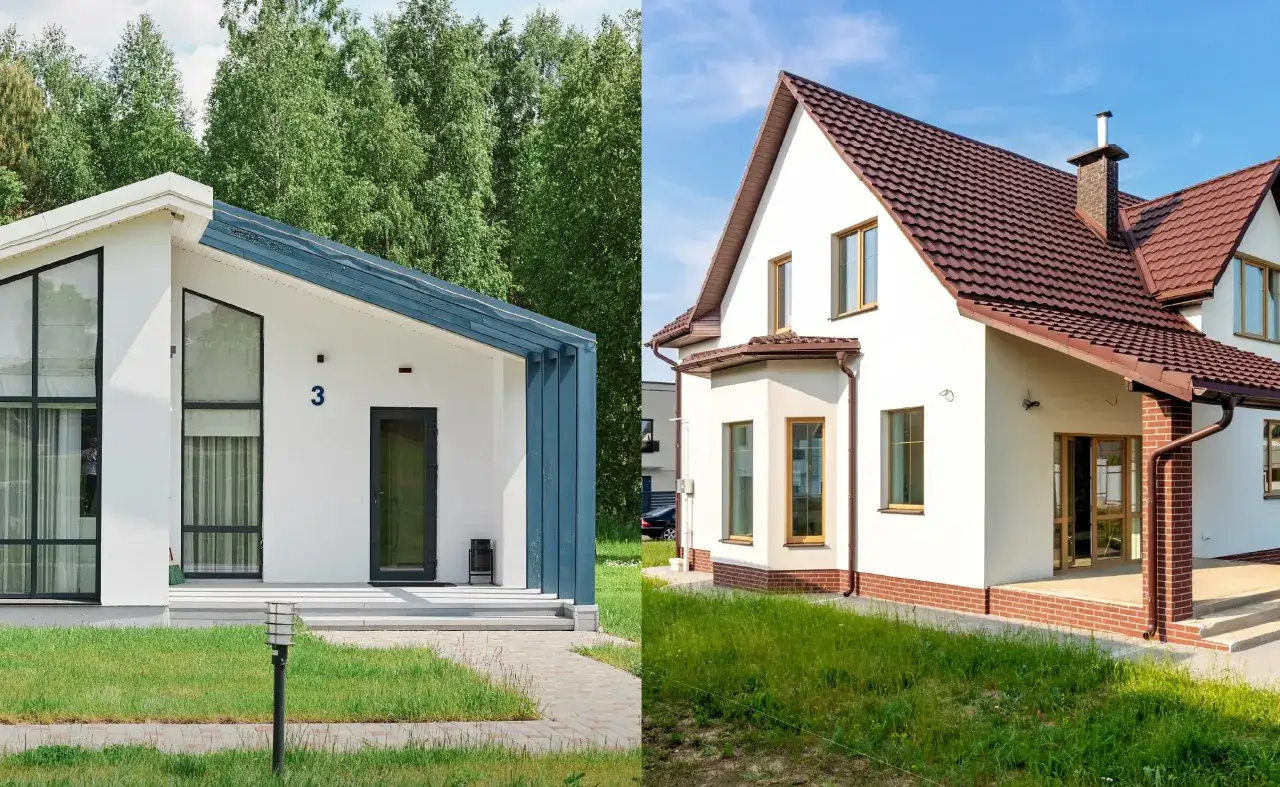 Nowoczesny dom modułowy z niebieskimi akcentami obok tradycyjnego domu murowanego. Który wybierasz?