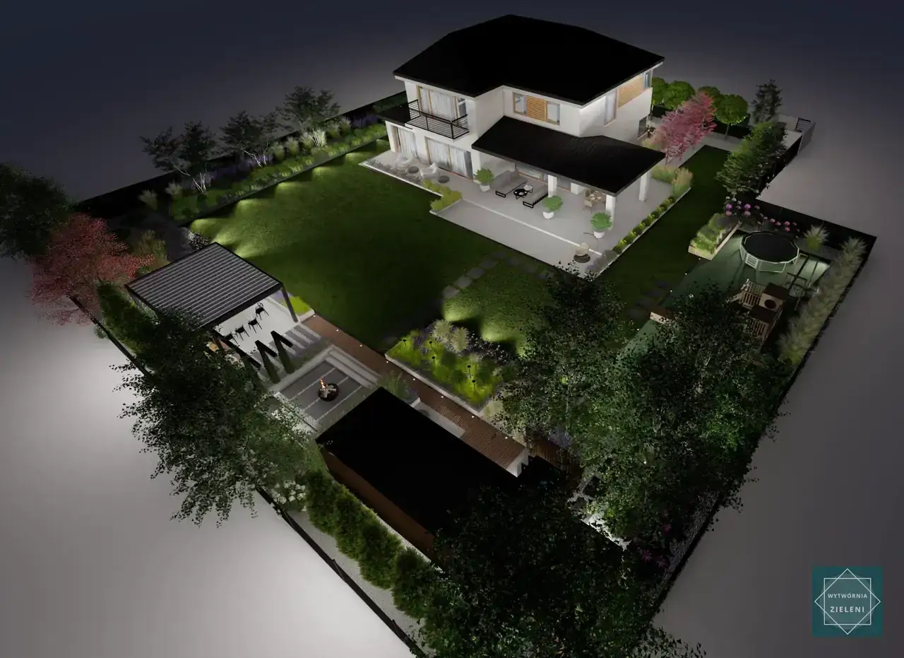 Nowoczesny projekt oświetlenia ogrodu z tarasem, pergolą, basenem i miejscem na ognisko. Oświetlenie podkreśla architekturę domu i roślinność.