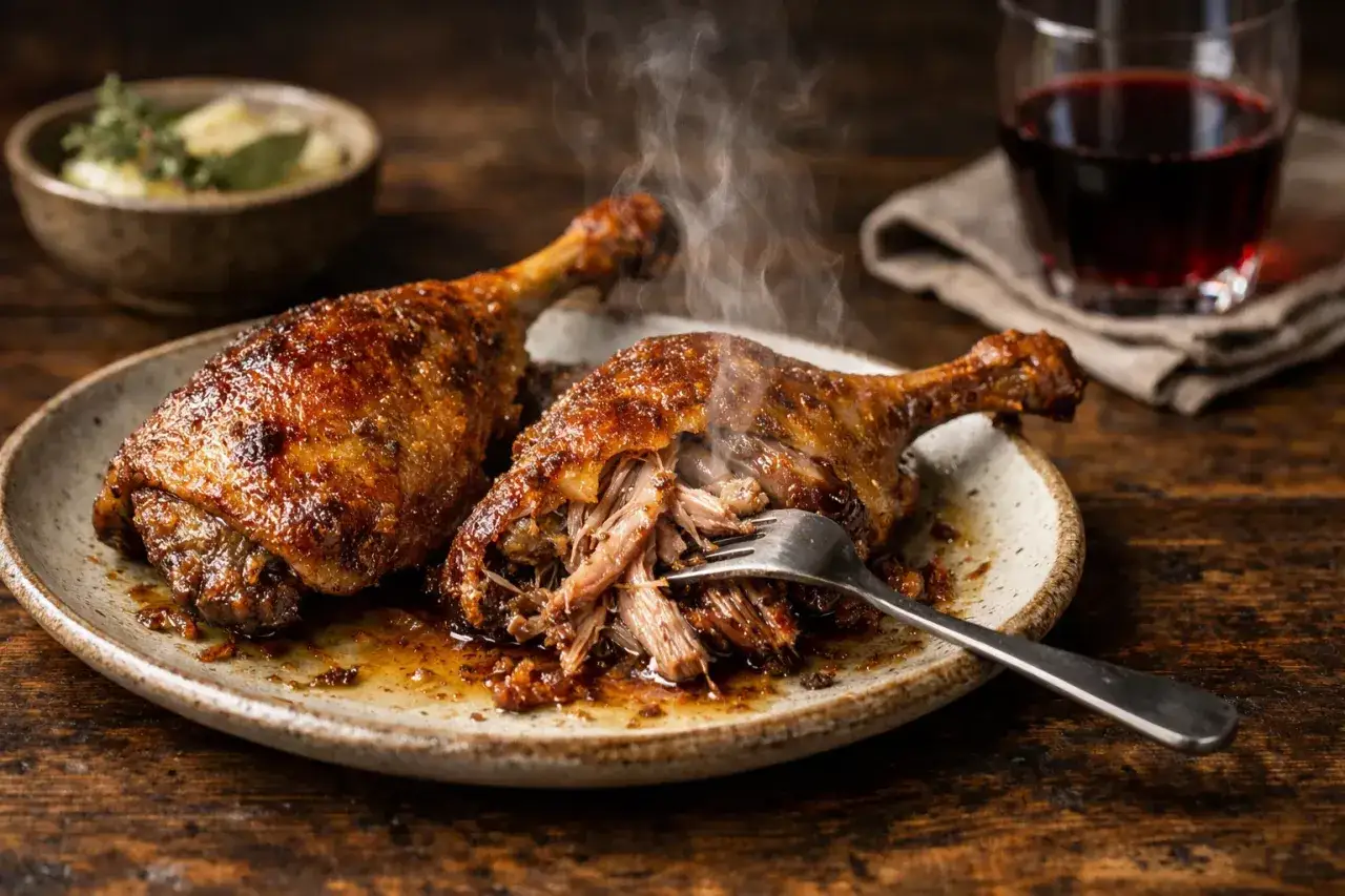 Deux cuisses de canard dorées et fumantes, une fourchette s'enfonçant dans la chair tendre. Un délice !