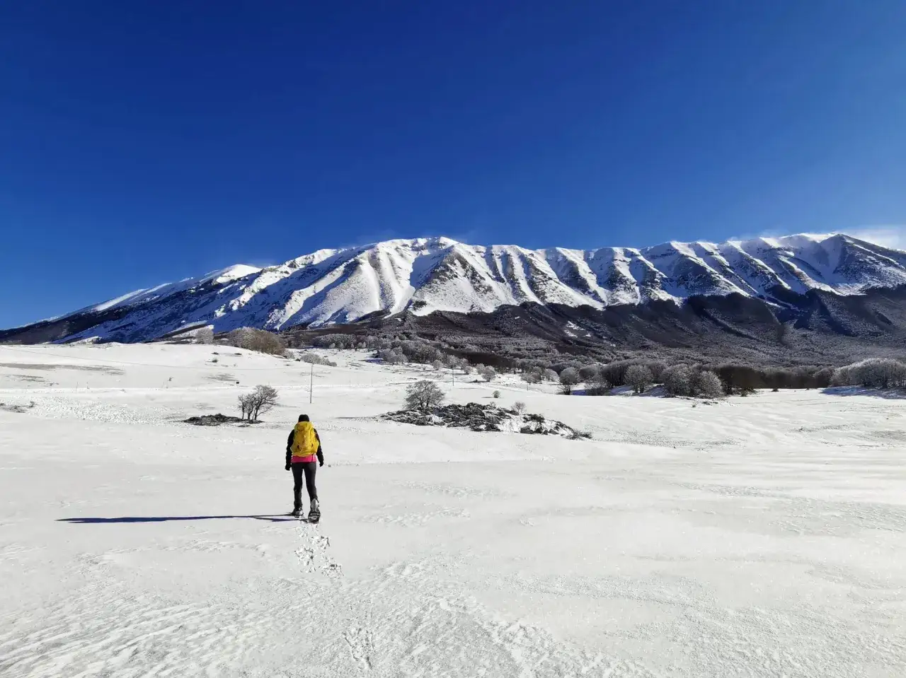 Una persona con racchette da neve cammina in un vasto campo di giove innevato, con montagne imponenti sullo sfondo.