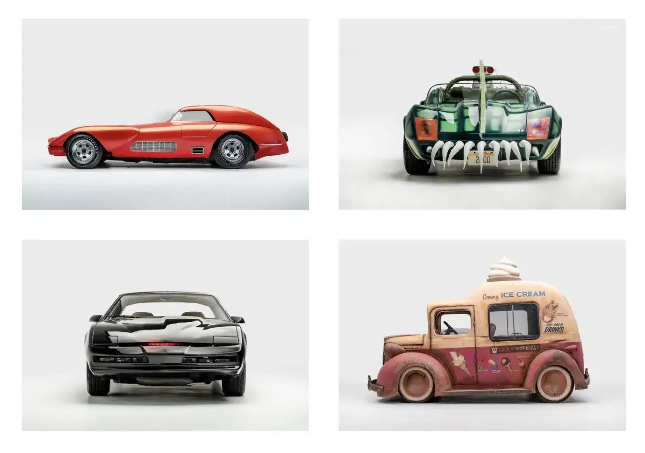Colecci&oacute;n de coches mas famosos: el rojo futurista, el verde monstruoso, el negro KITT y un cami&oacute;n de helados vintage.