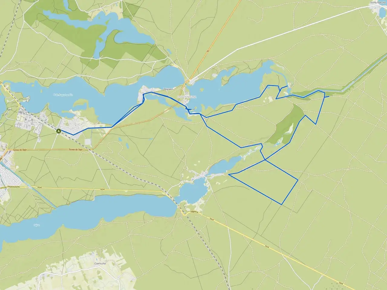 Mapa z zaznaczonymi trasami rowerowymi wokół jezior Augustowskich.