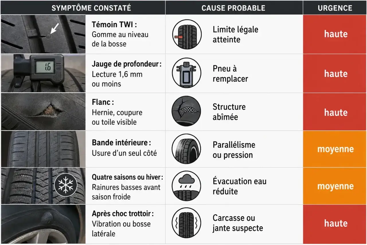 Tableau des problèmes de pneus, incluant le témoin d'usure, la profondeur, le flanc, la bande intérieure, les pneus toutes saisons/hiver et les bosses, avec causes et urgence. Un problème de pneu Kumho peut être une usure excessive.