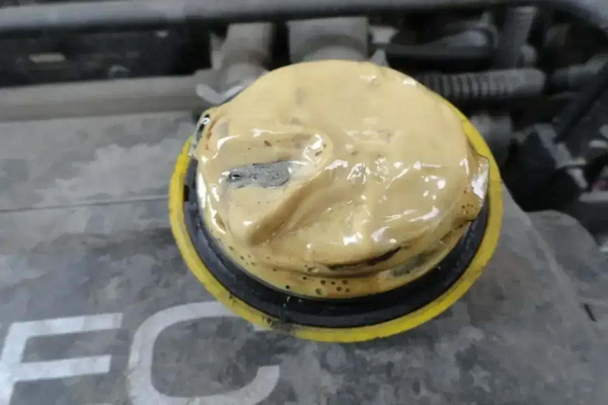 Bouchon d'huile moteur avec une substance cr&eacute;meuse ressemblant &agrave; de la mayonnaise, signe d'un joint de culasse d&eacute;fectueux.