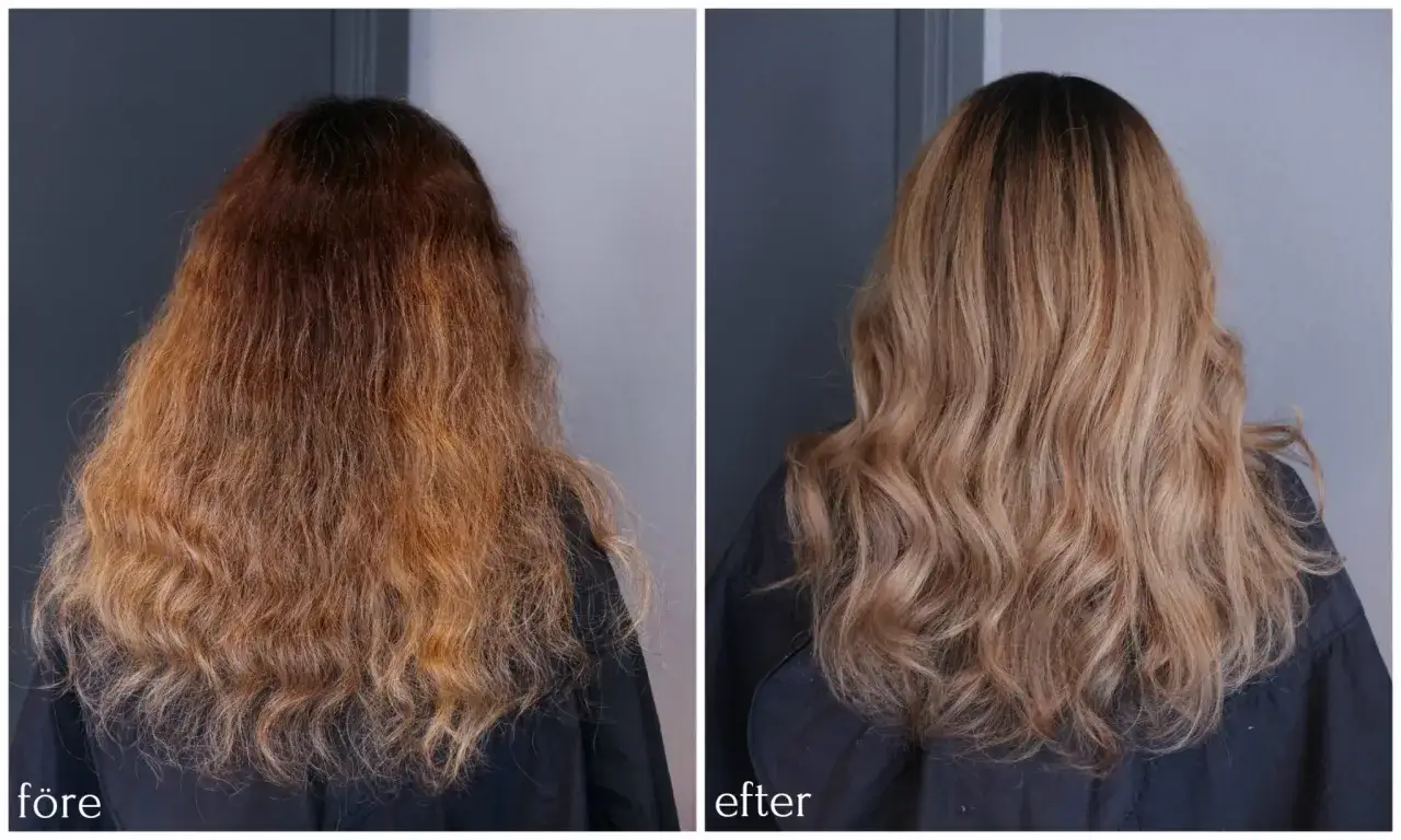 Före och efterbild på hår som blivit ljusare och friskare med eorol kamomill spray.