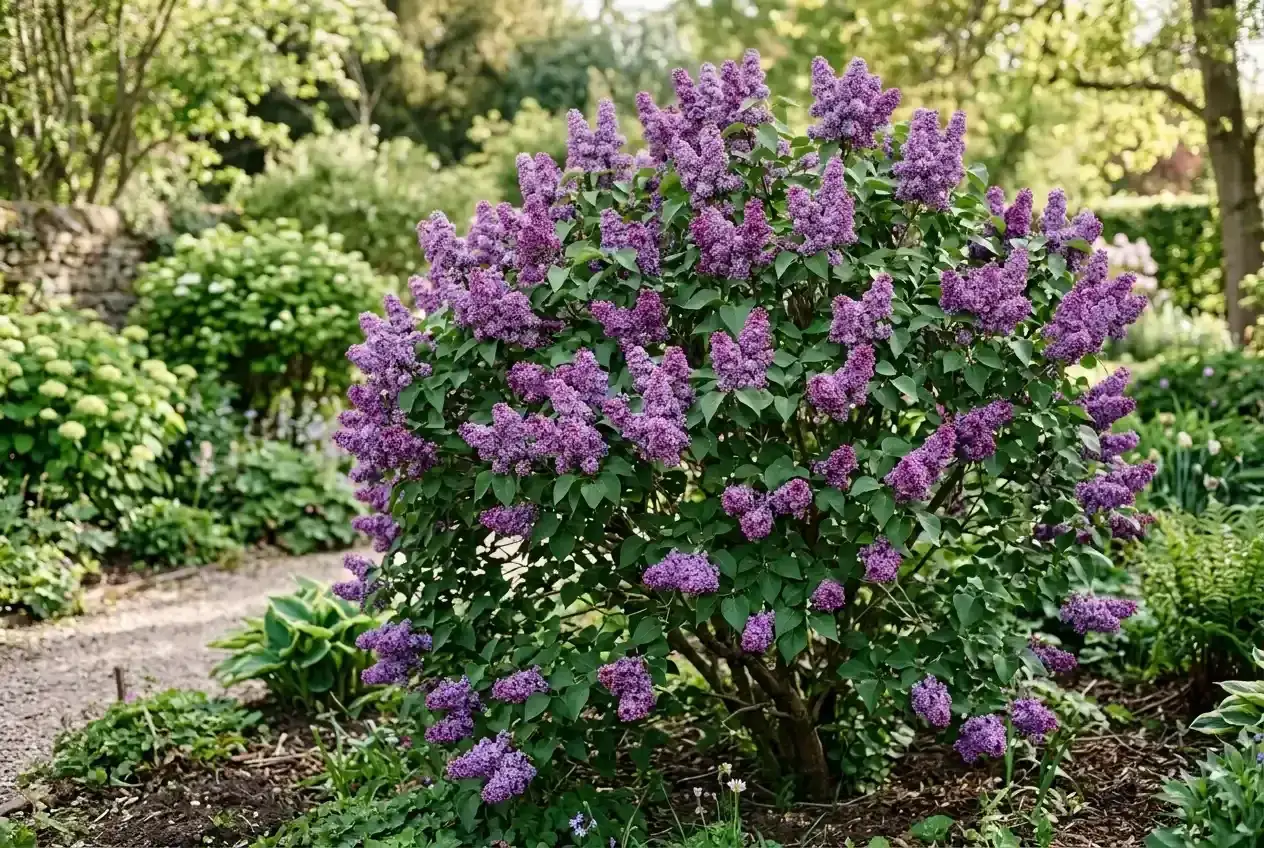 Ein üppiger Fliederbusch mit lila Blüten steht an einem sonnigen Standort im Garten, umgeben von grünen Pflanzen und einem Kiesweg.