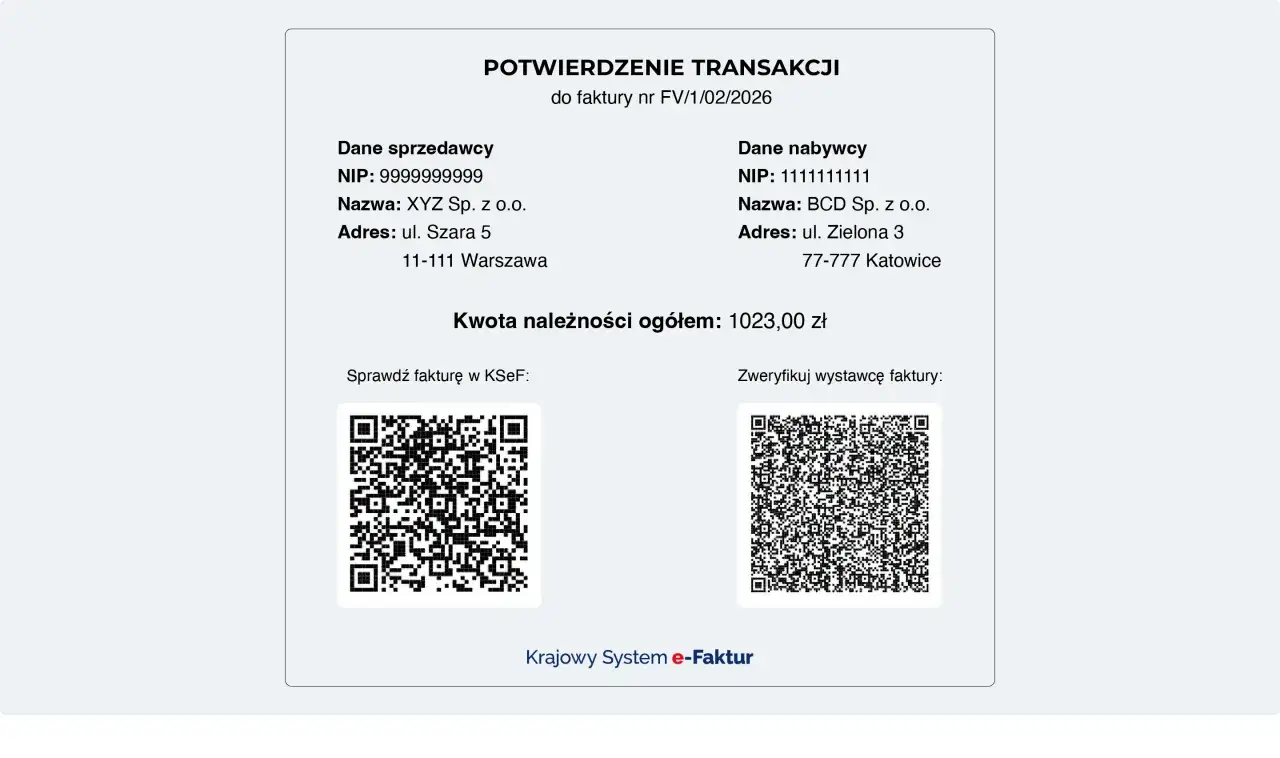 Potwierdzenie transakcji do faktury nr FV/1/02/2026. Dane sprzedawcy i nabywcy, kwota 1023 zł. Czy na podstawie paragonu można wystawić fakturę?