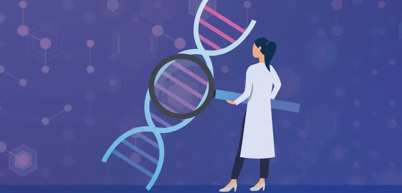 Ricerca sul DNA per il test genetico tumore. Scienziata esamina la doppia elica con lente d'ingrandimento.