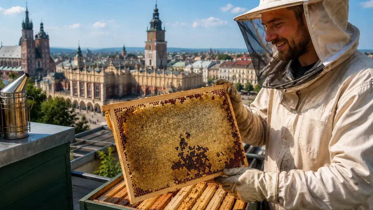 Uśmiechnięty pszczelarz w stroju ochronnym trzyma ramkę z miodem na tle Krakowa. Zastanawiasz się, ile zarabia pszczelarz?