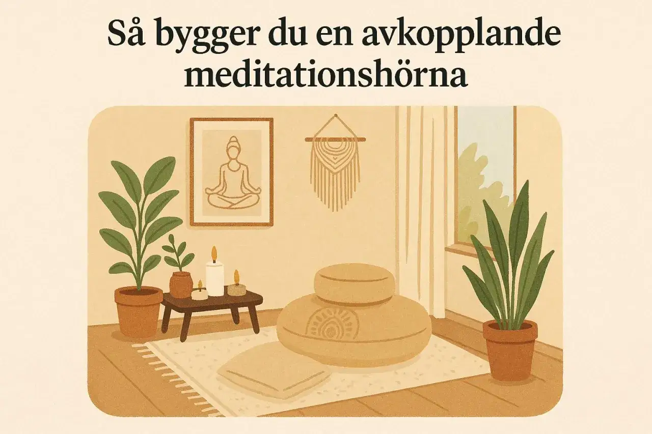 En lugn plats f&ouml;r att meditera hemma. En bekv&auml;m sittpuff, kuddar, ljus och v&auml;xter skapar en fridfull atmosf&auml;r.