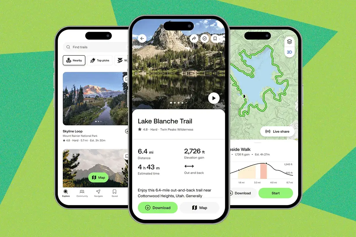 Drei Smartphone-Bildschirme zeigen eine gute Wander-App mit verschiedenen Trails, Karten und Höhenprofilen.
