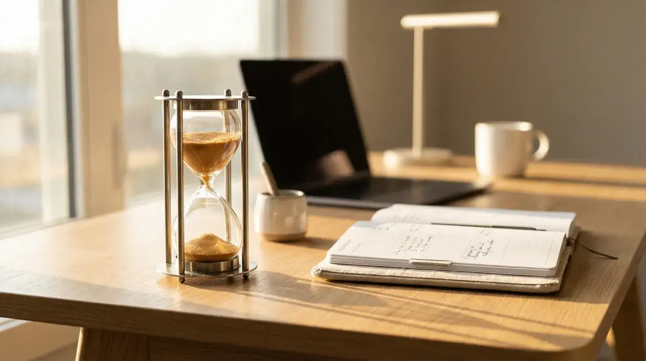 Eine Sanduhr auf einem Schreibtisch, die zeigt, wie schnell die Zeit vergeht. Bald ist Heiligabend, ein Feiertag, und die Arbeit muss erledigt sein.
