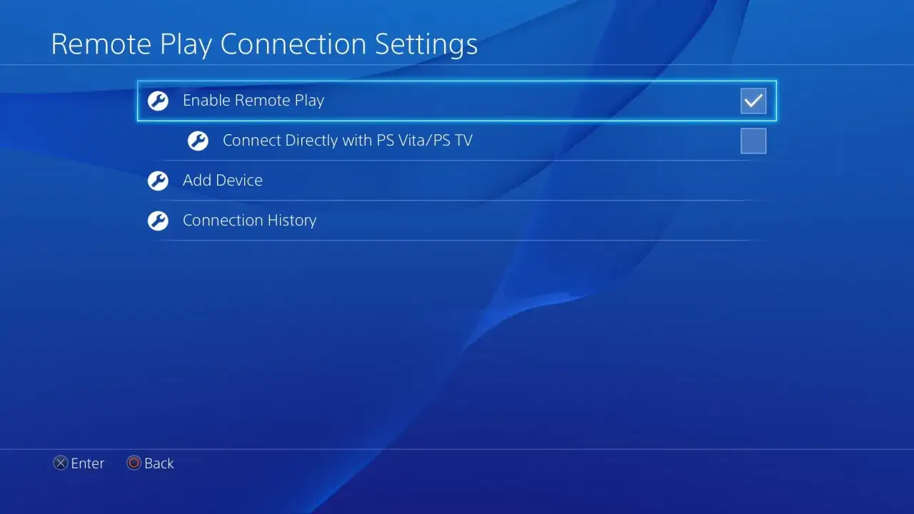 Ustawienia połączenia Remote Play. Włączono opcję 