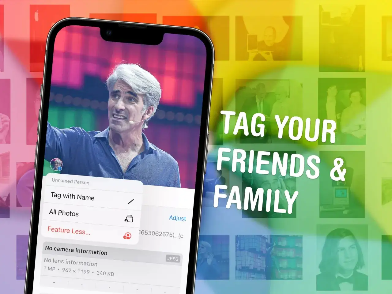 iPhone-skärm visar en person och alternativ för att identifiera personen. Texten