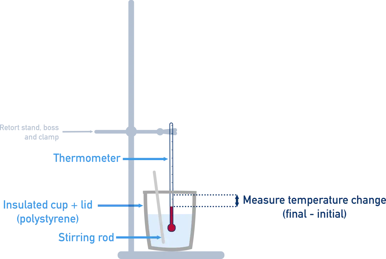 Experimento para medir los tipos de calor: vaso aislado, termómetro, varilla agitadora y soporte.