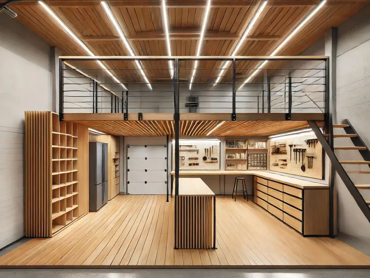 Un soppalco moderno in legno trasforma un garage in uno spazio funzionale. Ottime idee soppalco garage per organizzare attrezzi e creare un'area di lavoro.