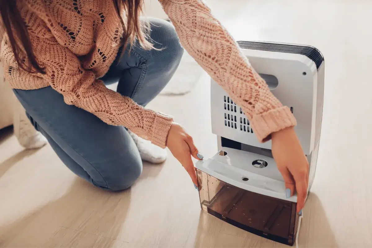 Donna inserisce il serbatoio in un deumidificatore, un gesto utile per capire a quanto impostare il deumidificatore in inverno per un comfort ottimale.