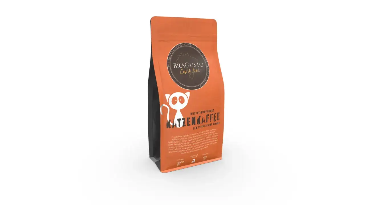 Orange Kaffee-Verpackung mit Katze und Schriftzug