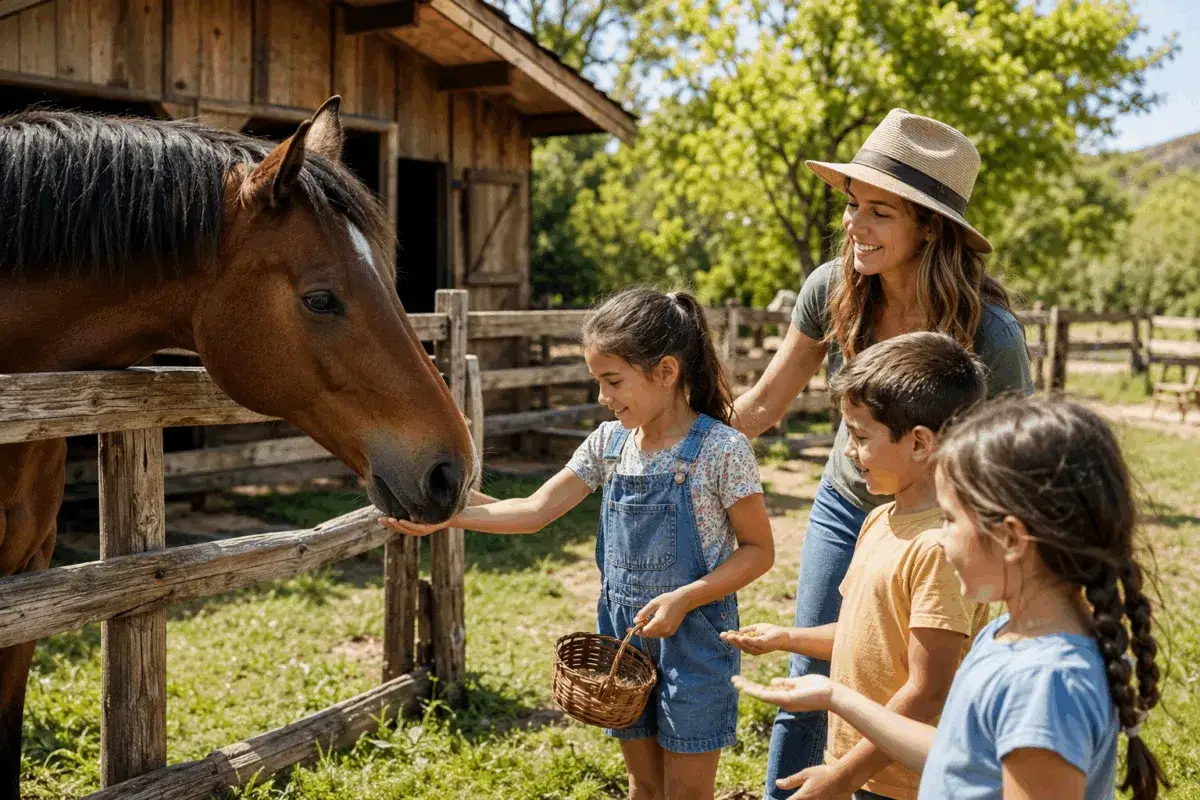 Bambini e madre danno da mangiare a un cavallo in un agriturismo con fattoria. Felicit&agrave; e natura.