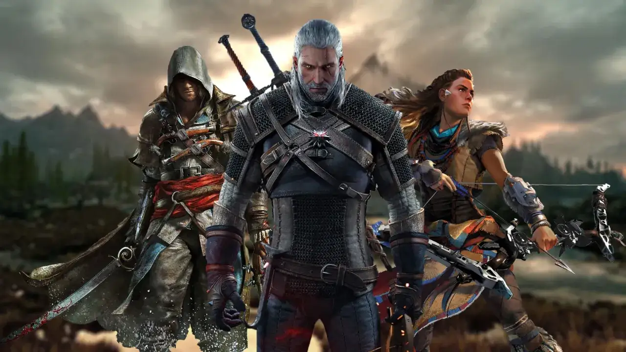 Trzech bohaterów gier: skryty zabójca, wiedźmin i łuczniczka. Idealni do gier podobnych do Assassin's Creed.