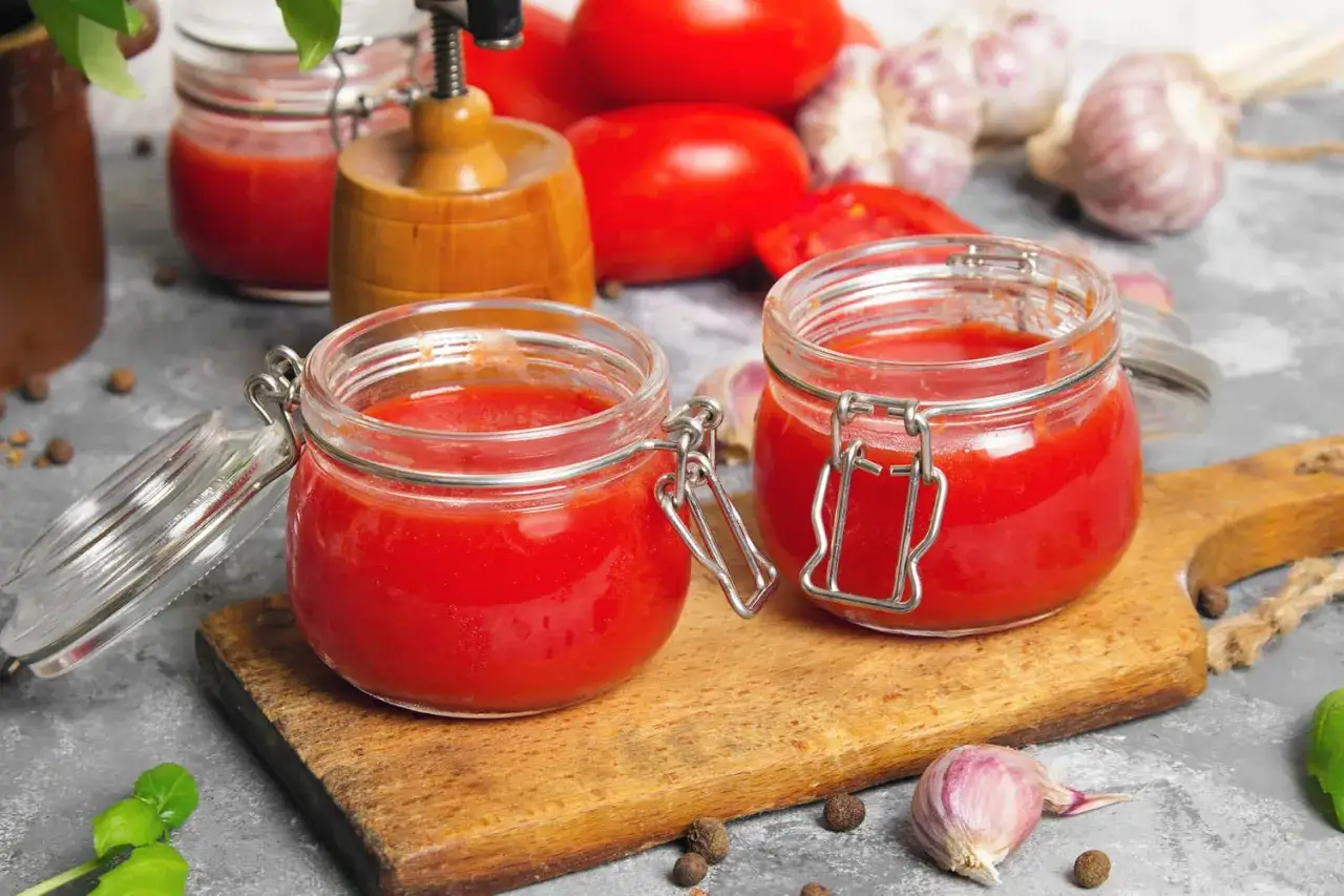 Deux bocaux en verre remplis de coulis de tomates, prêts à être utilisés pour une recette savoureuse. Des tomates fraîches, de l'ail et du basilic complètent la scène.