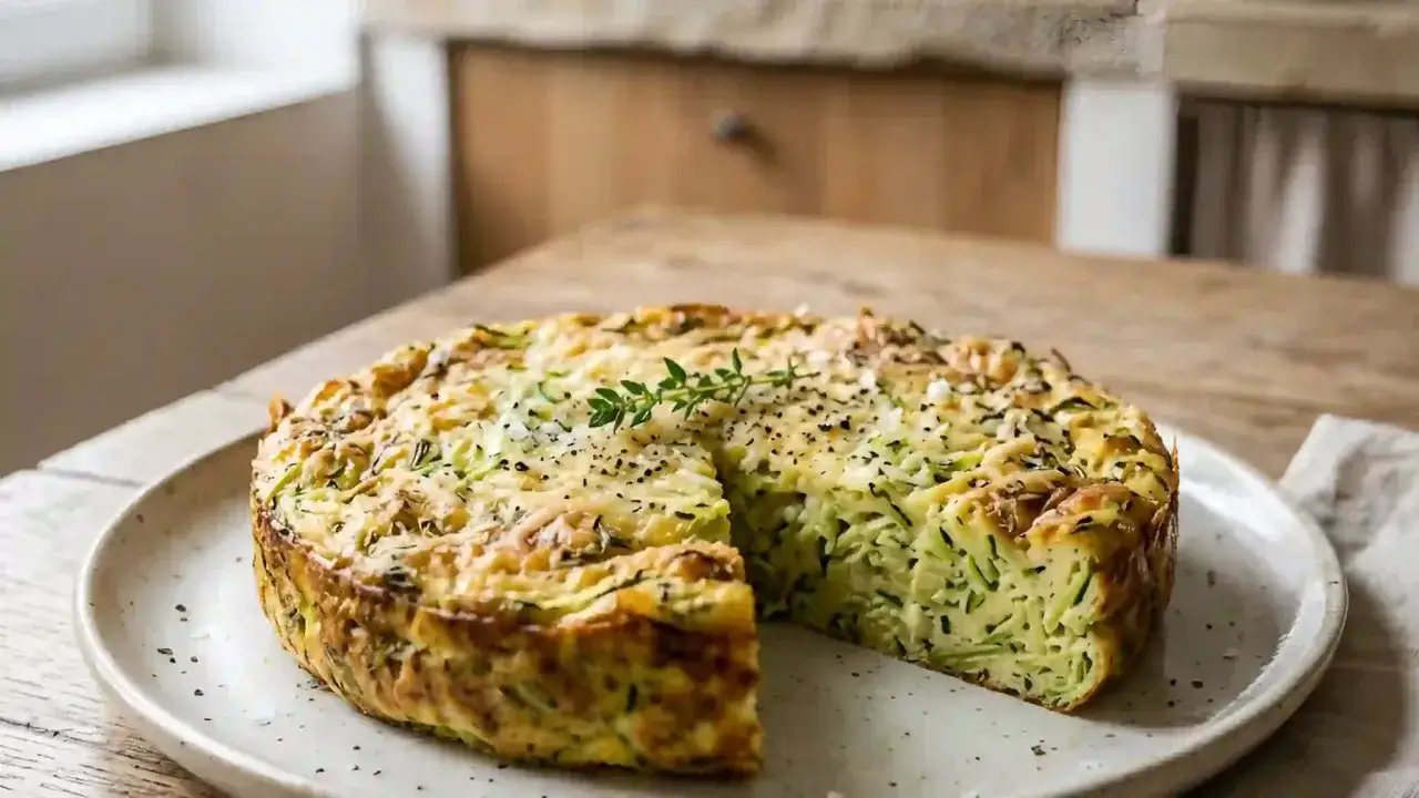 Un flan de courgettes doré et savoureux, garni de fromage râpé et d'une touche de thym, prêt à être dégusté.