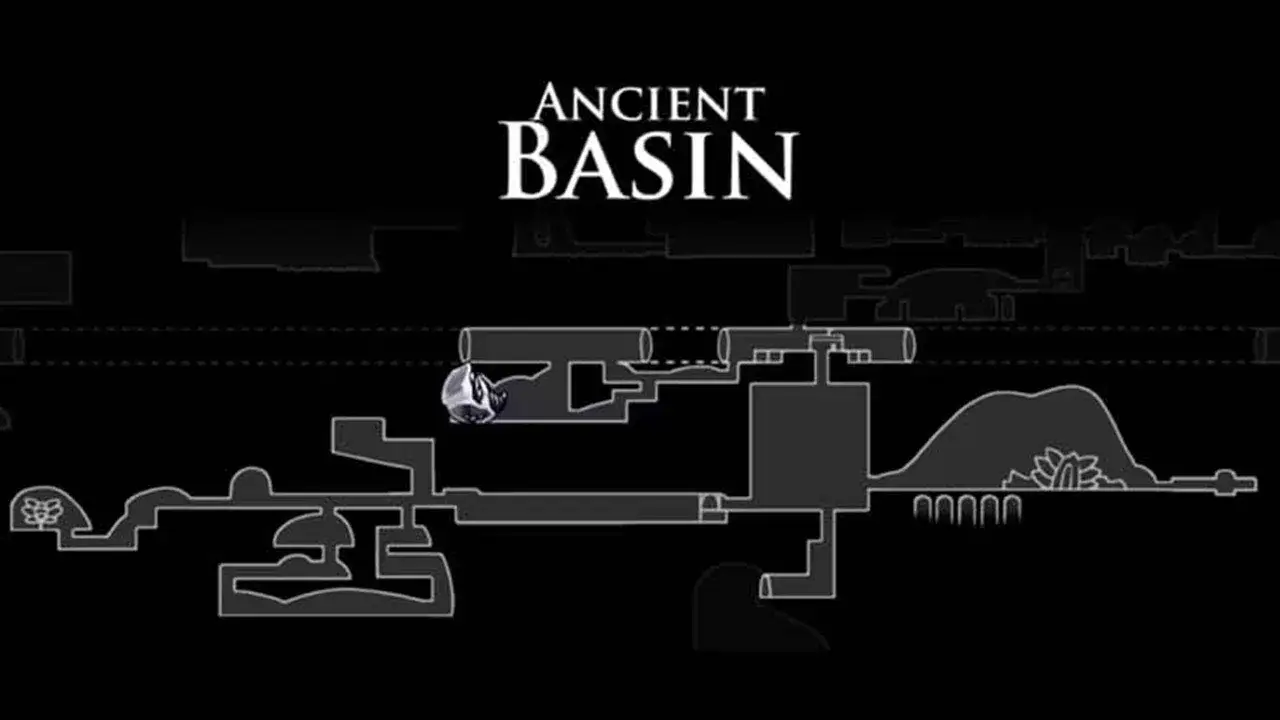 Mapa de Ancient Basin en Hollow Knight, con el Caballero cerca de un mineral p&aacute;lido.