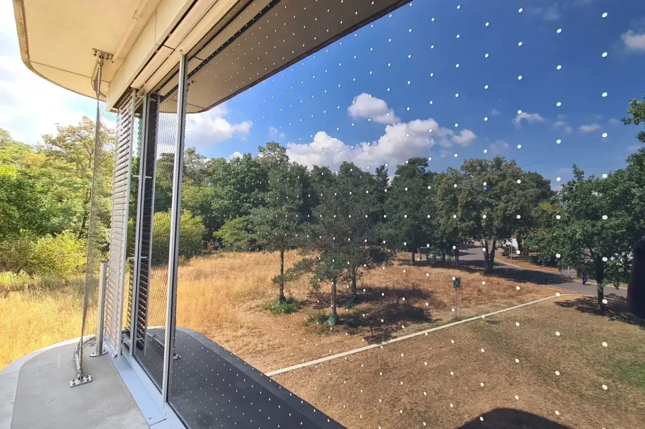Fenster mit wei&szlig;en Punkten f&uuml;r Vogelschutz, die wie ein DIY-Projekt aussehen. Blick auf eine gr&uuml;ne Landschaft.