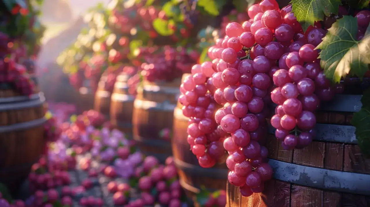 Grappoli di uva rossa pendono da un barile di legno, pronti per la vinificazione in rosato.