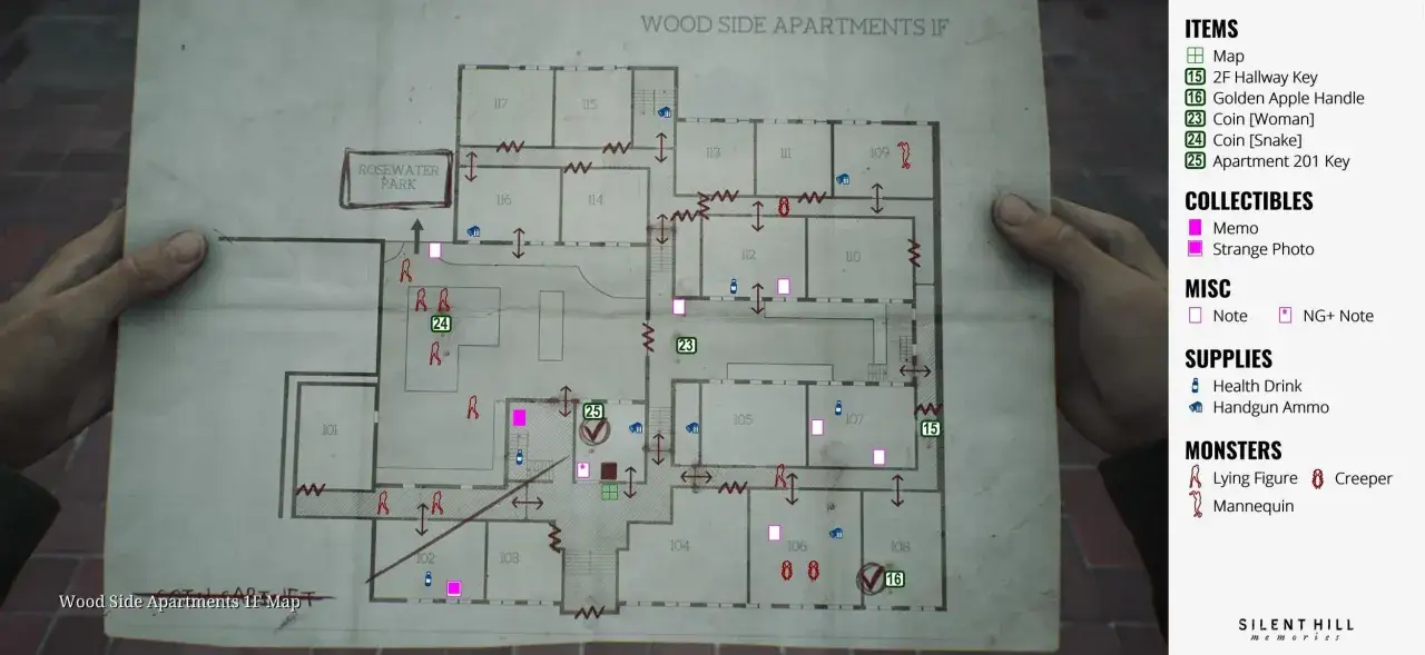 Mapa del primer piso de Wood Side Apartments, esencial para tu **gu&iacute;a Silent Hill 2 Remake**. Muestra objetos, coleccionables y enemigos.