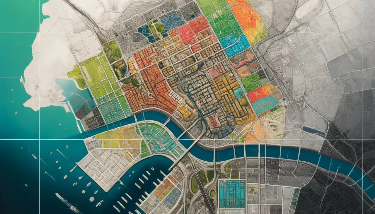 Mappa aerea di una città con zone colorate, fiumi e porti. Un progetto urbano che sfida le regole per costruire in zona agricola senza essere imprenditore agricolo.
