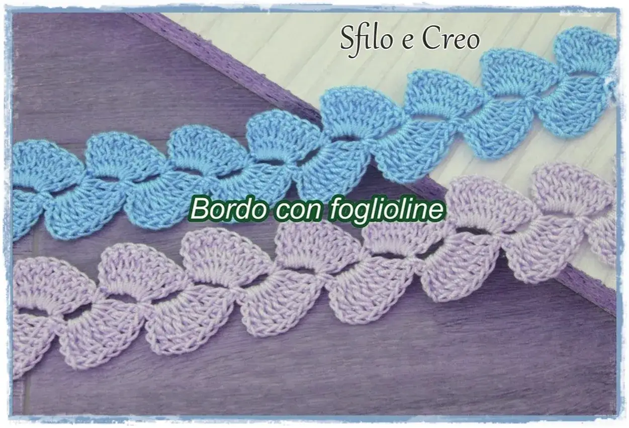 Bordo con foglioline all'uncinetto su stoffa, in azzurro e lilla, un tocco di eleganza per ogni creazione.